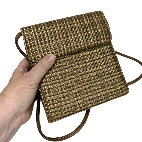 Vintage Mid Century Box Style Purse Shoulder Bag Brown Gold Woven Elegant Chic - Picture 14 of 14